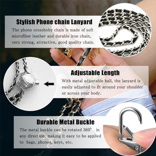 Cell Phone Lanyard Phone Crossbody Chain, Adjustable Phone Straps,Leather+Metal Shoulder Strap Cellphone Chain with Tether Patches Compatible with Most Phones Bag Purse Black - color: C