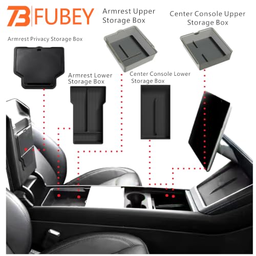 Tesla Model Y Juniper Center Console Organizer Tray 5-Piece Set, 2025 2026 Model Y Armrest Storage Box & Hidden Lower Tray, Secret Privacy Compartment, Non-Slip ABS Insert - Black - style: Storage Box Model Y Juniper