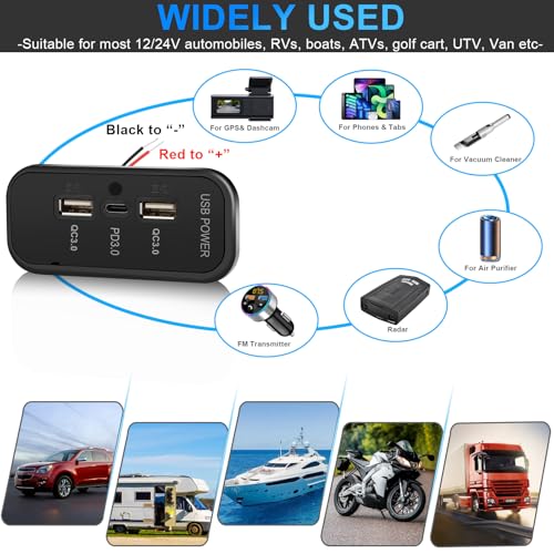 4PCS 72W 12V RV USB Outlet 3 Charging Ports Panel Wall Surface Mount - color: Deep black, size: 4PCS