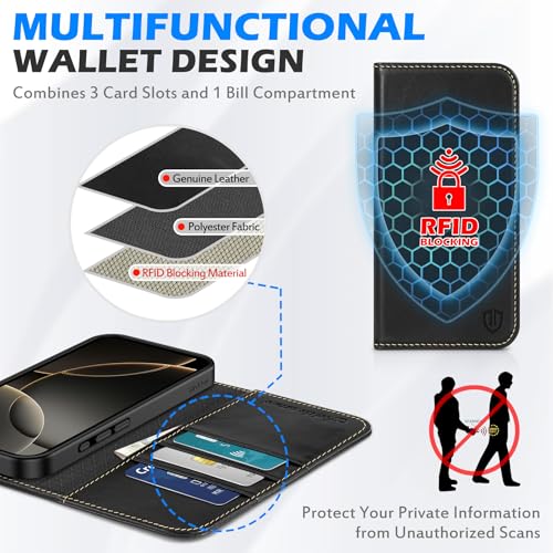 SHIELDON Genuine Leather Case Wallet for iPhone 16 Pro Max, Retro Black | Folio Magnetic Closure, RFID Blocking, Credit Card Holder, Viewing Stand, Shock Absorbing Protective Cover for Men Women - color: Retro Black