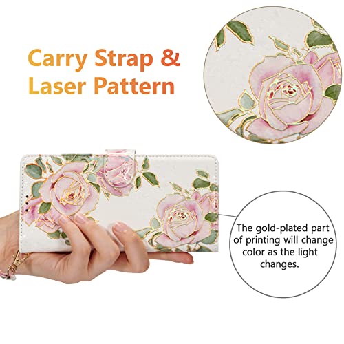 UEEBAI Wallet Case for Samsung Galaxy A15 4G/5G, PU Leather Phone Case Kickstand RFID Blocking Flip Case Card Slots Wrist Strap Relief Engraved Pattern Magnetic Closure Folio Case - White Rose - color: White Rose, size: Samsung Galaxy A15 4G/5G