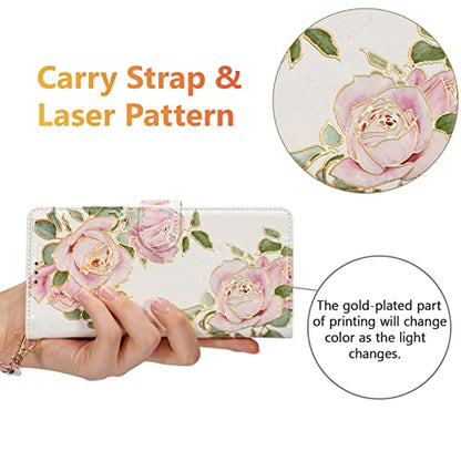 UEEBAI Wallet Case for Samsung Galaxy A26 5G, PU Leather Phone Cover Kickstand RFID Blocking Flip Case Card Slots Wrist Strap Relief Engraved Pattern Magnetic Closure Folio Cover - White Rose - color: White Rose, size: Samsung Galaxy A26 5G