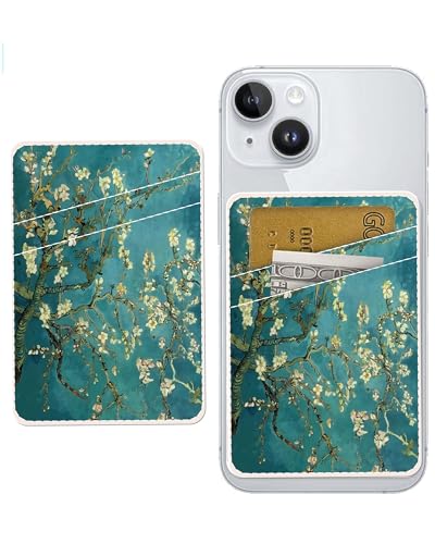 Dual Pocket Leather Phone Wallet Adhesive Stick On, Cute Card Holder, Credit Card Holder for Case, Green Boho Tree - color: Green Boho Tree