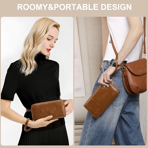yiijay Womens Wallet RFID Blocking Large Capacity Vegan Leather Double Zip Wristlet Wallet Card Holder Travel Ladies Clutch - color: Brown