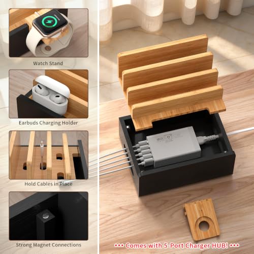 Pezin & Hulin Bamboo Charging Station with USB Charger&Cables-Natural+Black - color: Natural + Black(With Charger)