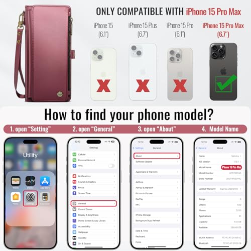 Defencase for iPhone 15 Pro Max Wallet Case with RFID Card Holder, Wine Red | Durable Soft PU Leather, with Zipper Pocket, Wrist Strap, Fashion Snap Flip Phone Cases Cover with Stand for Women and Men - color: Wine Red