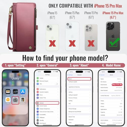 Defencase for iPhone 15 Pro Max Wallet Case with RFID Card Holder, Wine Red | Durable Soft PU Leather, with Zipper Pocket, Wrist Strap, Fashion Snap Flip Phone Cases Cover with Stand for Women and Men - color: Wine Red