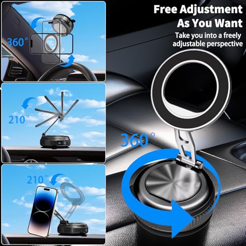 Car Phone Holder for Magsafe, 360° Adjustable Foldable Car Mount [108LBS Strongest Suction & 2800gf Magnetic] Portable for Car/Gym/Mirror Mount/Daily Stand for iPhone and All Smartphones, Black