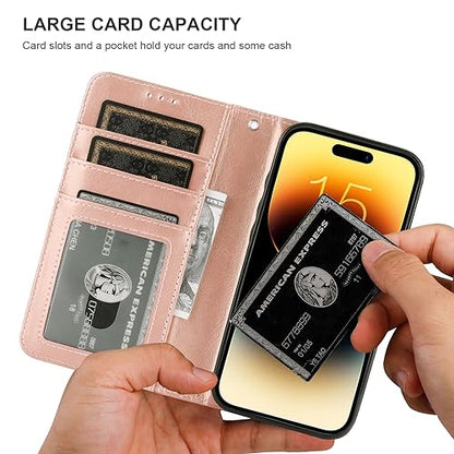 Bocasal Detachable Wallet Case Card Holder for iPhone 15 Pro, Rose Gold | RFID Blocking Kickstand Card Slots Holder PU Leather Magnetic Shockproof Wrist Strap Removable Flip Protective Cover 6.1 inch - color: Rose Gold