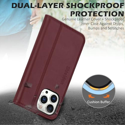 SHIELDON Genuine Leather Case Wallet for iPhone 15 Pro Max 6.7", Wine Red | Folio Magnetic Closure, RFID Blocking, Credit Card Holder, Kickstand, Shock Absorbing Protective Cover - color: Wine Red