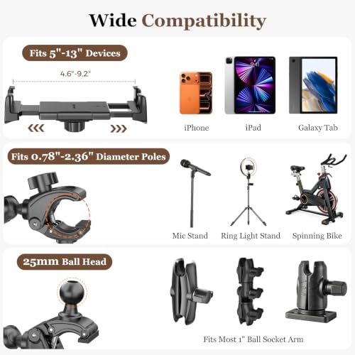 OHLPRO Tablet Mic Stand Holder for iPad, Aluminum Alloy Arm Treadmill Handlebar Clamp Mount, 1" Ball Head for Spin Bike Microphone Peloton Stroller, 5-13" iPad Pro Galaxy Tab and Phone - size: 7" Arm