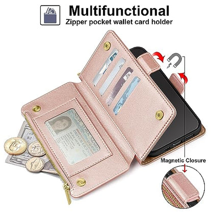 Antsturdy for iPhone 17 Pro Max Phone Wallet Case Women,Rose Gold | RFID Blocking,with Credit Card Holder Slots,PU Leather Purse,Zipper Pocket,Wrist Strap Kickstand,Flip Folio Cover for Men - color: Rose Gold