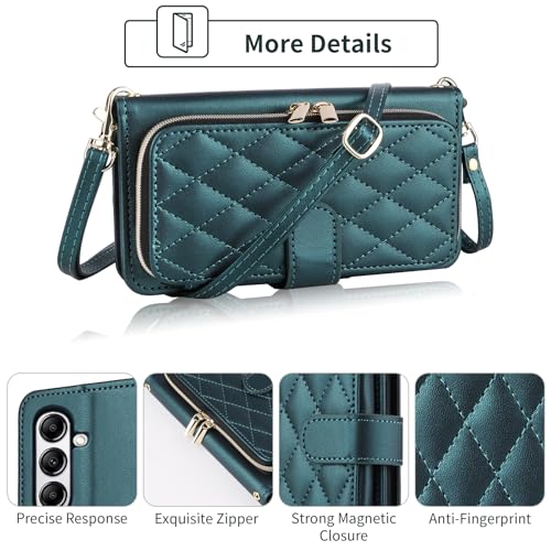 Argyle Wallet Case for Samsung Galaxy A15 5G/4G with Wrist Strap Shoulder Strap, 9+ Card Slots Zipper Purse Luxury PU Leather Stand Checkered Phone Cover for A 15 G5 15A Women Girls Green | Girls, Wrist/Shoulder Strap, 9+ Card Slots, Purse, Luxury PU Leat