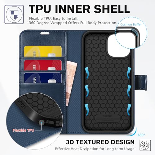 TUCCH Wallet Case for iPhone 13 (6.1") 2021, 3 Card Slots, Dark Blue | RFID Blocking, Viewing Stand, Shockproof TPU Shell, PU Leather, Magnetic Closure, Protective Folio Flip Cover - color: Blue (Dark Blue)