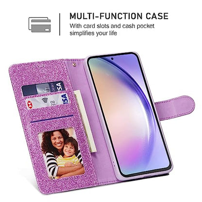 QLTYPRI Case for Samsung Galaxy A16 4G/5G, Bling Shiny Glitter Flip Folio Case Full-Body Protective Cover Card Slots Magnetic Closure Kickstand Wrist Strap for Women Girls A16 Case - Purple