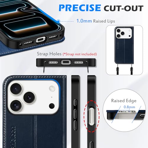 SHIELDON Real Leather Case Wallet for iPhone 17 Pro 6.3", Retro Dark Blue | Folio Design, Magnetic Closure, RFID Blocking, Credit Card Holder, Kickstand, Shock Absorbing Protective Cover - color: Retro Dark Blue