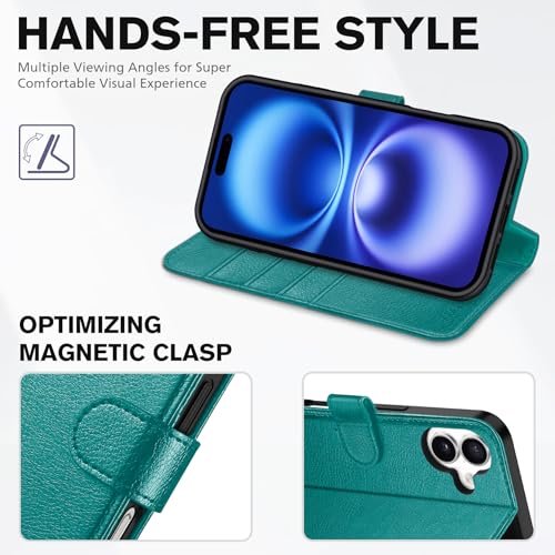 TUCCH Wallet Case for iPhone 16 (6.1") 2024, 4 Card Slots, Cyan | RFID Blocking, Viewing Stand, Shockproof TPU Shell, PU Leather, Magnetic Closure, Protective Folio Flip Cover - color: Textured Cyan