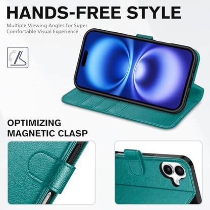 TUCCH Wallet Case for iPhone 16 (6.1") 2024, 4 Card Slots, Cyan | RFID Blocking, Viewing Stand, Shockproof TPU Shell, PU Leather, Magnetic Closure, Protective Folio Flip Cover - color: Textured Cyan