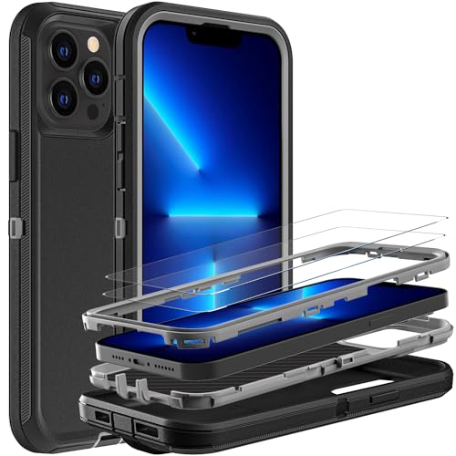 YKHJKLEC for iPhone 13 Pro Case, Military Grade 3 in 1 Heavy Duty Shockproof/Drop Proof/Dust Proof Case with 2Pcs Tempered Glass Screen Protector (Black/Grey) - color: Black/Grey