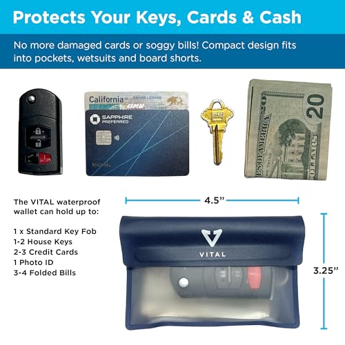 VITAL Waterproof Wallet for Swimming - Small Waterproof Key Holder Pouch - Submersible, Floating, Rain & Water Proof Surfing Car Key Fob Case Dry Bag with Wrist Ankle Strap