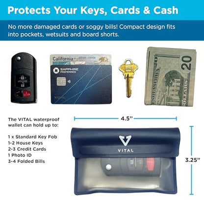 VITAL Waterproof Wallet for Swimming - Small Waterproof Key Holder Pouch - Submersible, Floating, Rain & Water Proof Surfing Car Key Fob Case Dry Bag with Wrist Ankle Strap