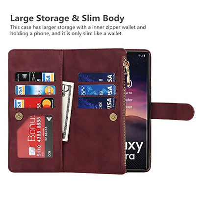 iCoverCase for Samsung Galaxy S23 Ultra Wallet Case with Card Holder, Kickstand Feature PU Leather Case with Adjustable Crossbody Lanyard Magnetic Clasp Zipper Pocket Flip Cover (Claret) - color: Claret, size: Galaxy S23 Ultra