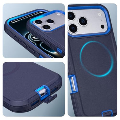 Magnetic for iPhone 17 Pro Max Case with Clip & 360°Rotating Kickstand | Compatible with MagSafe, Anti-Drop Shockproof Heavy Duty Outdoors Case for iphone 17 Pro Max Men Women, Navy Blue 6.9 Inch - color: Navy+Blue