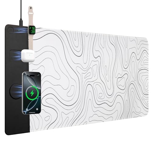 VOVIPO 3 in 1 Wireless Charging Mouse Pad, Desk Mat with Wireless Charger Multiple Devices Compitable with Watch/iPhone, White Topographic Large Desk Mat(90 x 40cm) for MacBook, PC, Laptop - color: White Topographic
