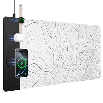 VOVIPO 3 in 1 Wireless Charging Mouse Pad, Desk Mat with Wireless Charger Multiple Devices Compitable with Watch/iPhone, White Topographic Large Desk Mat(90 x 40cm) for MacBook, PC, Laptop - color: White Topographic