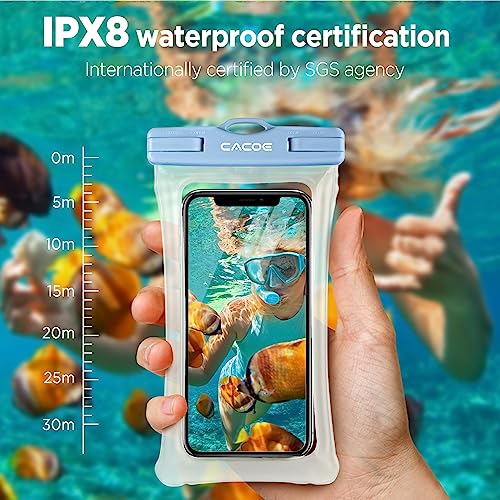 CACOE Floatable Waterproof Phone Pouch 2 Pack Up to 7.0",White+Blue | Floatable, IPX8 Waterproof Phone Case,Adjustable Lanyard,Dry Bags for Beach/Cruise/Travel/Camping/Kayak/Vacation Essentials - color: White+Blue