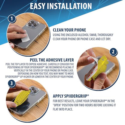 SpiiderGriip 360 Rotating Phone Grip – Flat-Fold Kickstand & Secure Strap – Works with iPhone, Android, Tablets & Cases – Comfortable & Durable (Yellow) - color: Yellow