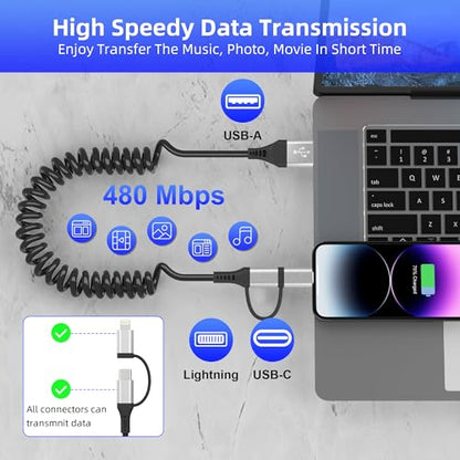 USB to USB-C and Lightning Cable 2 in 1 Coiled Cable Support Carplay & Android Auto [MFi & 3A Fast Charge & Data Sync] Coiled Lightning and USB C Cable for iPhone 17/16/15/14/13/Android, Silver - color: Silver