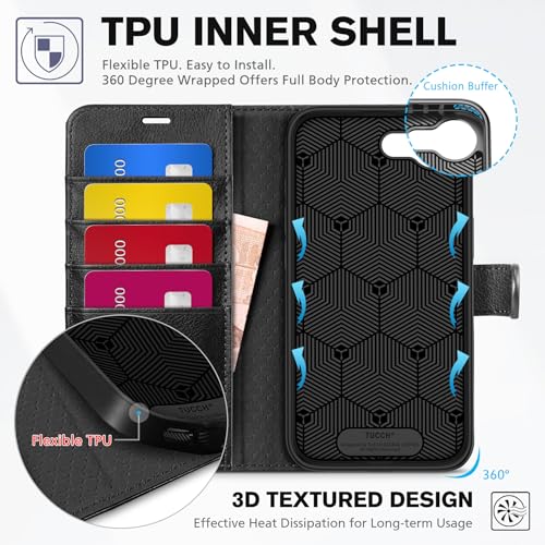 TUCCH Case Wallet for iPhone 17e/16e (6.1"), Flip Stand, Textured Black | 4 Card Holders, Kickstand, PU Leather, Magnetic Closure, Shockproof TPU Shell, Protective Flip Cover - color: Black - Textured