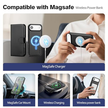 Magnetic 2 in 1 Detachable Compatible with Magsafe iPhone Air Genuine Wallet Case with Card Holder,Women Men Real Leather Flip RFID Blocking Credit Card Slots Stand Phone Cover,Black - color: Black, size: iPhone Air - 6.5"