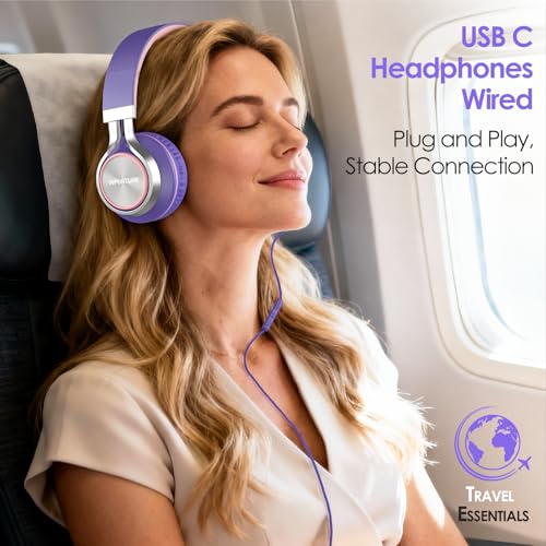 INFURTURE USB C Headphone for Kids & Adults Over-Ear Headphone with HD Mic - color: Pink-purple