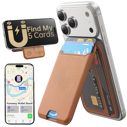 for MagSafe Wallet, Works with Apple Find My,5 Card Holder with Stand, Magnetic Phone Wallet Stand for iPhone 17/16/15/14/13/12 Pro Max Air Plus, RFID Blocking Vegan Leather,Brown - color: Findmy Brown