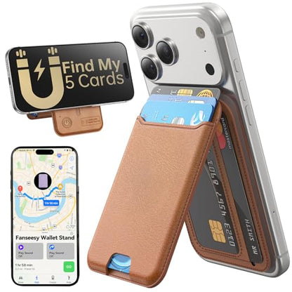 for MagSafe Wallet, Works with Apple Find My,5 Card Holder with Stand, Magnetic Phone Wallet Stand for iPhone 17/16/15/14/13/12 Pro Max Air Plus, RFID Blocking Vegan Leather,Brown - color: Findmy Brown