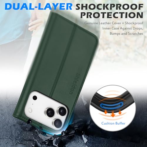 SHIELDON Genuine Leather Wallet Case for iPhone 17 Pro Max 6.9", Evergreen | RFID Blocking, Credit Card Holder, Magnetic Closure, Kickstand, Folio Design, Full Protection, Shockproof Phone Cover - color: Evergreen