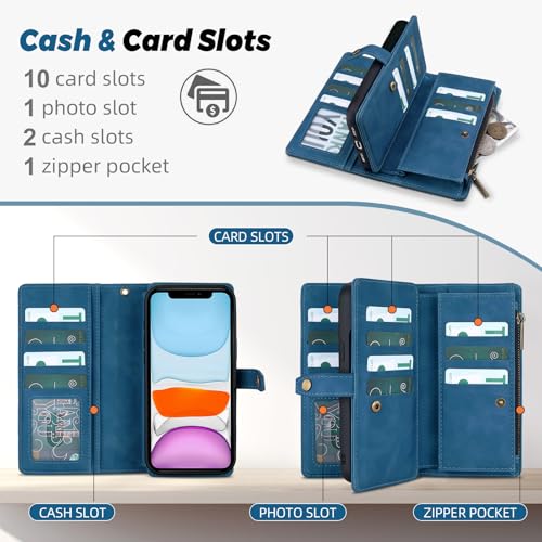 TwoHead for iPhone 11 Wallet case with 11 Card Holder (Navy Blue) | Detachable Magnetic Phone Case, PU Leather Wallet for Women/Men,Wireless Charging Compatible,with Wrist Strap - color: Navy Blue