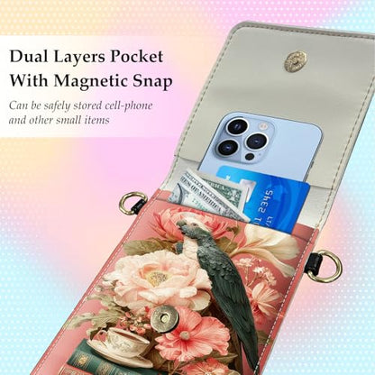 Small Crossbody Bags for Women Touchscreen Cell Phone Bag Cross Body Purses with adjustable Strap,Gifts For Teenage Girls - color: Pink Parrot and Flowers