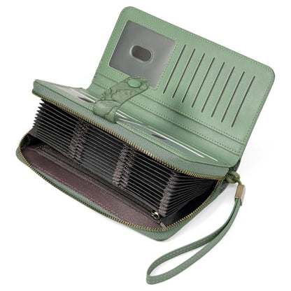 SENDEFN Women's Credit Card Holder RFID Blocking Zip Around Leather Wallet Large Capacity Long Purse with Wristlet - color: Green