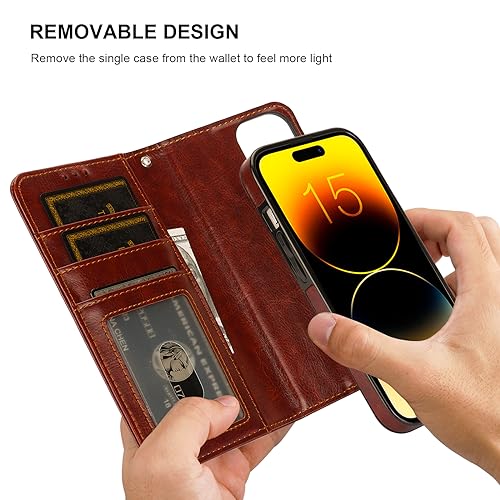 Bocasal Detachable Wallet Case Card Holder for iPhone 15, Brown | RFID Blocking Kickstand Card Slots Holder PU Leather Magnetic Shockproof Wrist Strap Removable Flip Protective Cover 6.1 inch - color: Brown