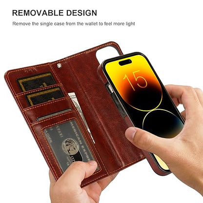 Bocasal Detachable Wallet Case Card Holder for iPhone 15, Brown | RFID Blocking Kickstand Card Slots Holder PU Leather Magnetic Shockproof Wrist Strap Removable Flip Protective Cover 6.1 inch - color: Brown