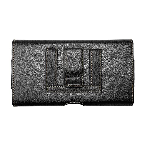 Leather Cell Phone Holster for Boost Celero 5G, Motorola Moto G, Moto G Power 2021/2022, TCL 30V, 30XE, 30XL, Wiko Voix - Horizontal Case Waist Carrying Pouch with Belt Clip/Loops, Black - size: Large