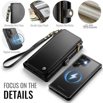 Defencase for Galaxy S24 Ultra Case Wallet Compatible with Magsafe, Black | Magnetic Detachable, RFID Bolcking Card Holder, Zipper Strap, PU Leather Drop-Proof Phone Cover for Samsung Galaxy S24 Ultra - color: (Detachable with Magsafe)-Black