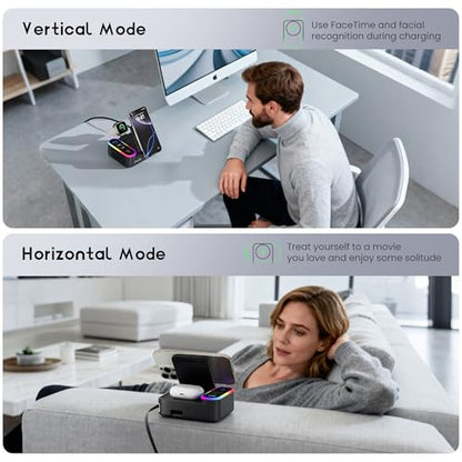 8-in-1 Foldable Wireless Charging Station for Apple Devices with Clock, 65W - color: Black