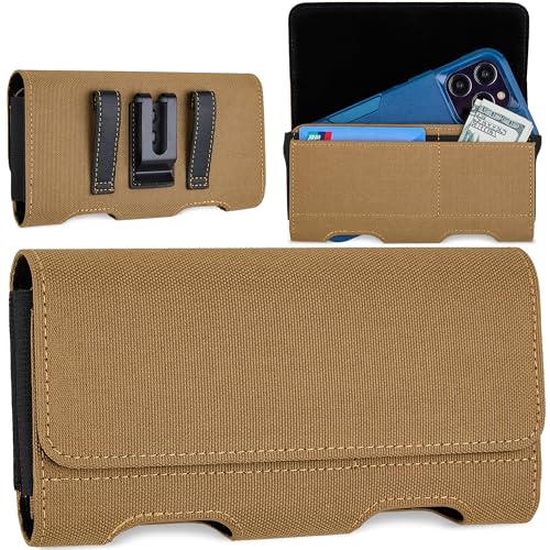 Mopaclle Nylon Phone Holster with Heavy Duty Metal Belt Clip and Card Holder, Compatible with iPhone 17/16/15/14/13 Pro Max,17 Air and Galaxy S26/S25/S24/S23/S22 Plus and FE - Khaki - color: Nylon-khaki, size: L(6.5x3.5x0.6)