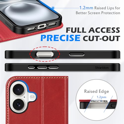 SHIELDON Genuine Leather Case Wallet for iPhone 16 6.1" 2024, Retro Red | Folio Magnetic Closure, RFID Blocking, Credit Card Holder, Viewing Stand, Shock Absorbing Protective Cover for Men Women - color: Retro Red