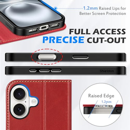 SHIELDON Genuine Leather Case Wallet for iPhone 16 6.1" 2024, Retro Red | Folio Magnetic Closure, RFID Blocking, Credit Card Holder, Viewing Stand, Shock Absorbing Protective Cover for Men Women - color: Retro Red