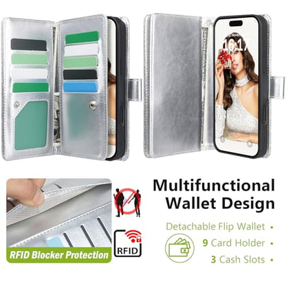 Varikke for iPhone 16 Glitter Case Wallet Magnetic Detachable, Silver - color: (Standard) Silver, size: iPhone 16 6.1"